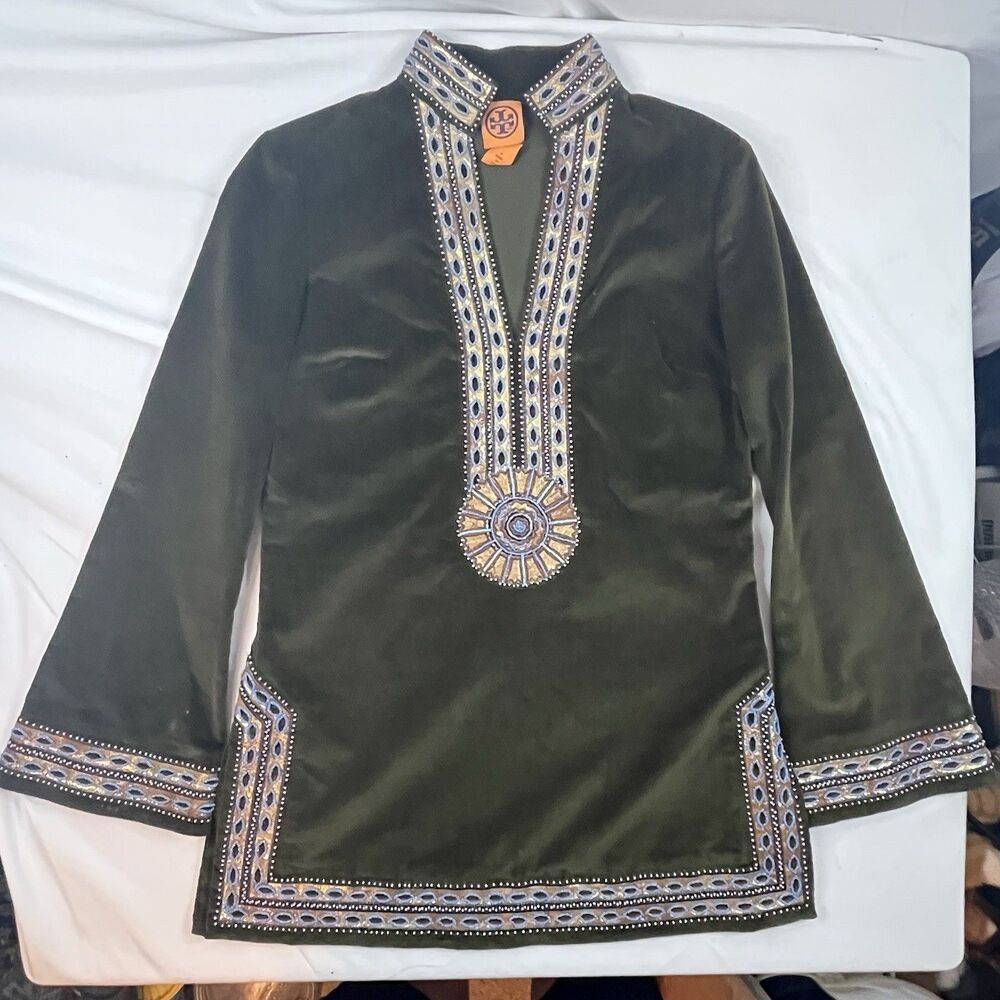 Tory Burch Size 4 Tunic Long Sleeve Green Velvety Feel EUC